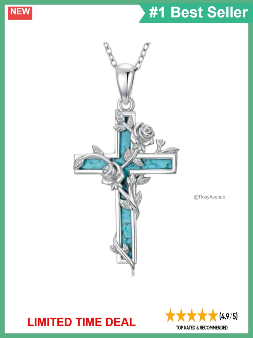 Sterling Silver Natural Turquoise Rose Cross Necklace for Women 18in